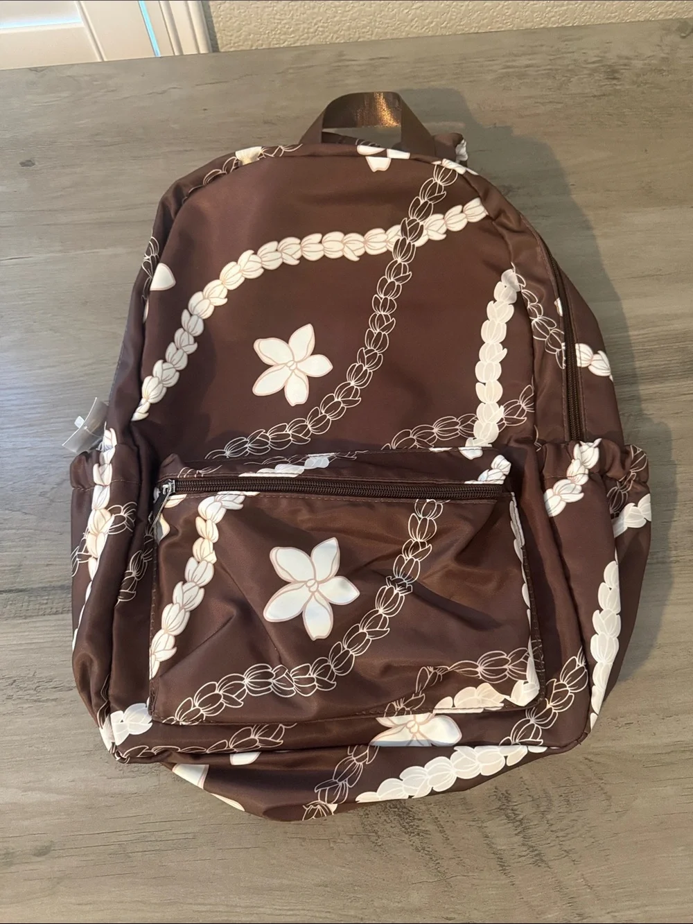 Brown Floral Print Everyday Backpack with Front Pocket